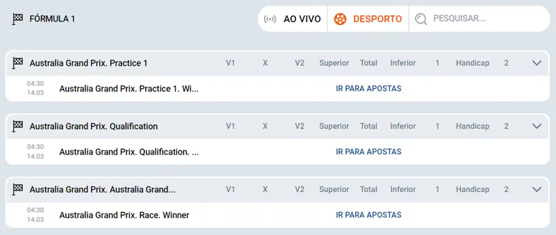 Apostas Fórmula 1