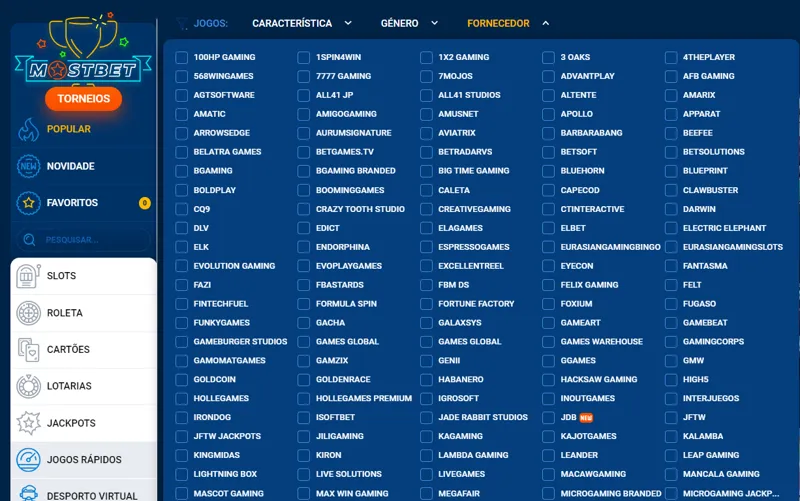 Fornecedores no site MostBet