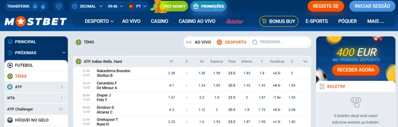 Apostas de ténis na MostBet