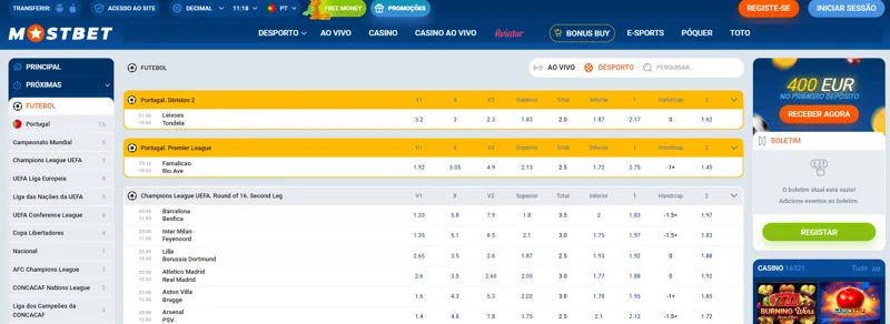 Linha de apostas de futebol no site MostBet