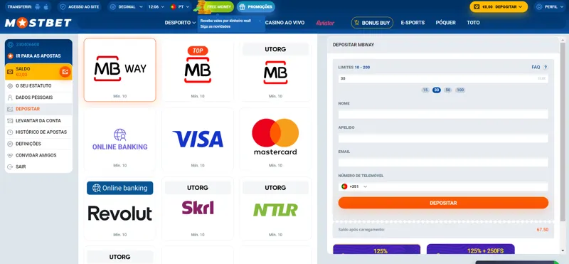 Opções de reposição de depósito