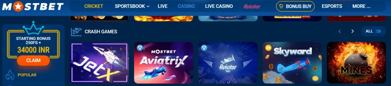 Secção de jogos Crash no site MostBet