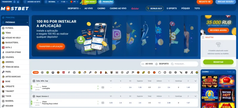 Página inicial do site MostBet