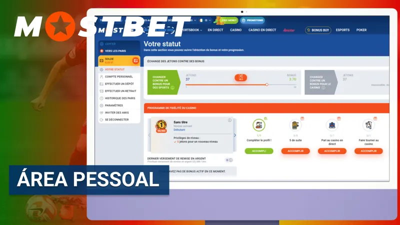 A área pessoal da MostBet permite gerir a conta, apostas e dados do utilizador.