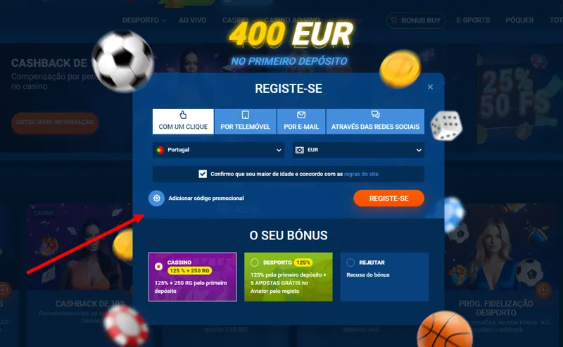 Local para inserir o código promocional ao registar um novo cliente